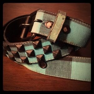 Neon Blue Plaid Studded Belt - Size 34
